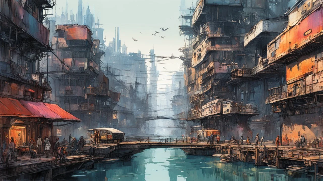 Water-level view of buildings made of reused dirty rusty metal next to futuristic canal junction, cyberpunk, many painted colours, flying boats, balconies, bridges, people, shopping, eating, walking, fifth element, ghost in the shell, altered carbon, Ian McQue, lineart and watercolour