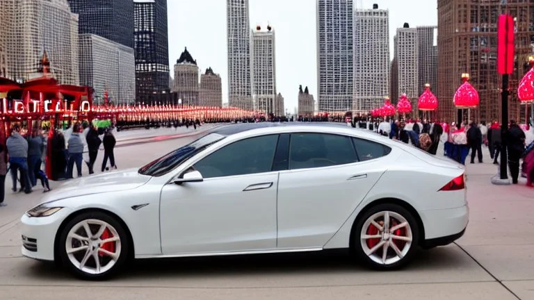 A Tesla's 'Model S Plaid' is racing at top speed, on the Navy Pier, in Chicago. CINEMATIC. WIDE ANGLE LENS. PHOTO REAL.