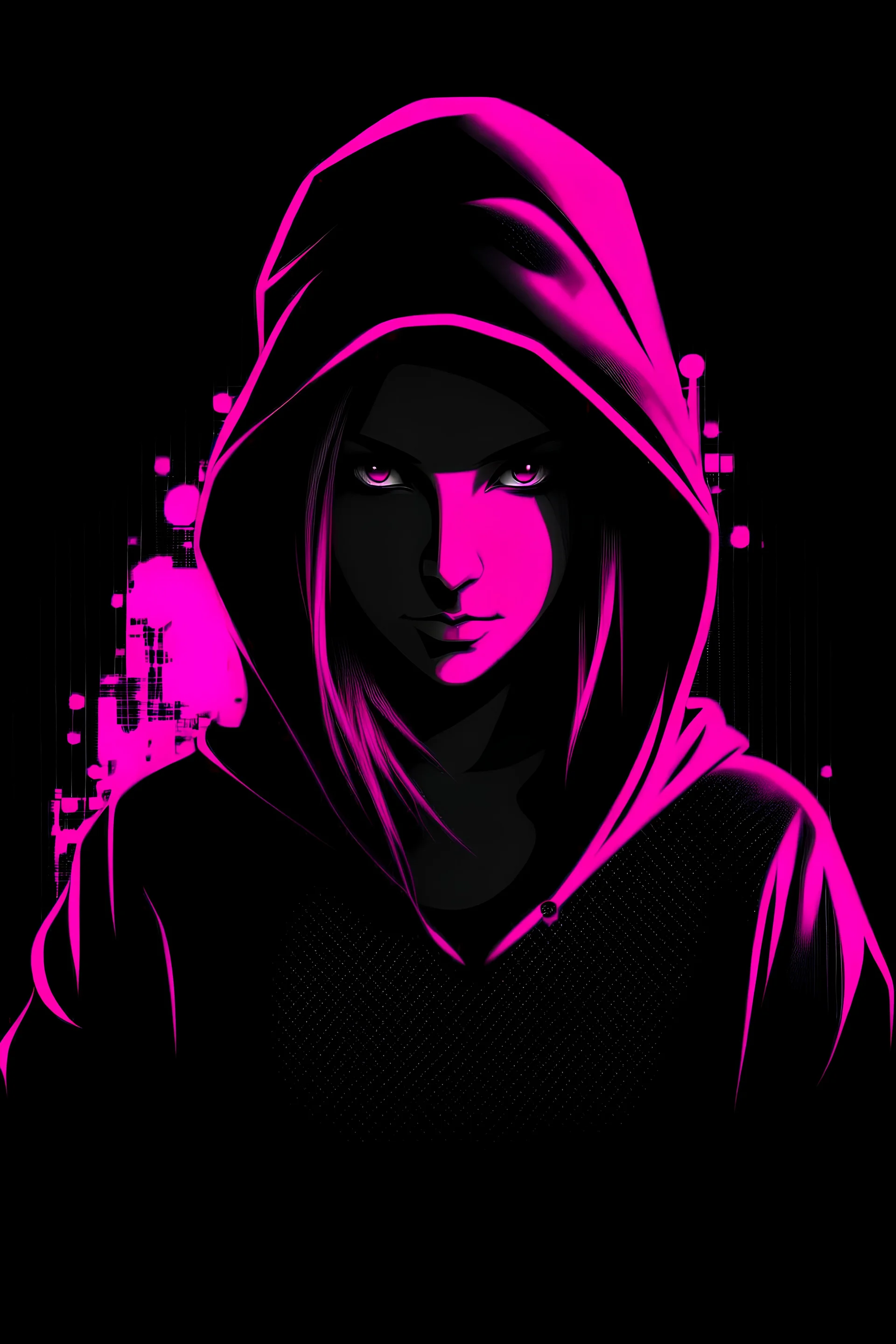 Hacker girl in a hooded sweater as black and pink as a logo