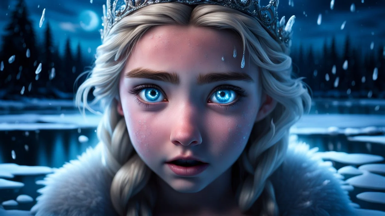 Hyper Realistic Photographic-view of Young Beautiful princess frozen deep-down a frozen-lake with the terrified look on her face & eyes dramatically open with-frozen-tears-&-terrified-worried-expressions in her beautiful-eyes at night showing dramatic & cinematic ambiance.