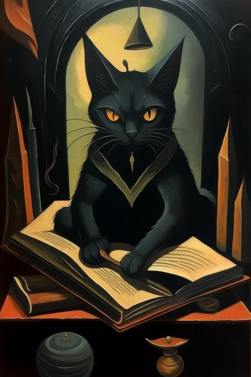 1970's dark fantasy book cover paper art dungeons and dragons style painting of a cat with minimalist far perspective