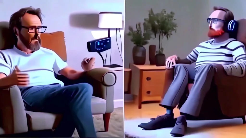 man sitting ALONE in his lazy boy chair at home argues with his AI clone on the phone