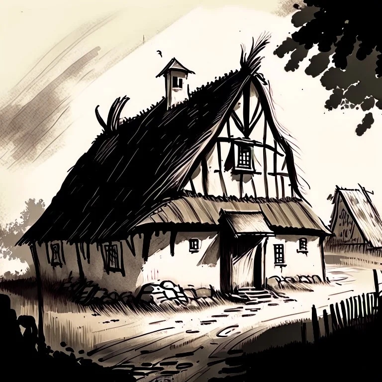 drawing of a village farm building in the style of art novel and torat