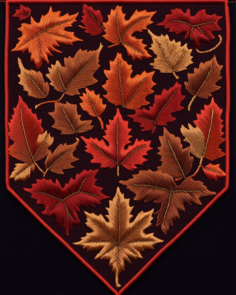 autumn colored cloth banner embroidered with ornamental leaves and filigree + brass, increased thread texture and definition