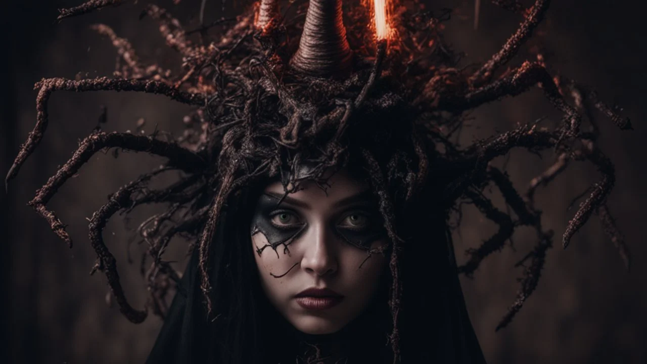 Demon girl wizard hat Halloween vintage girl, fullbody, creepy, horrifying, sinister, many worms parasite creature connected to the head and hands, sparks around her, sparks cybernetic, intricate, 8k, macro photography,