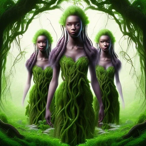 photo. .three women. A mother. Two daughter. Twins. A mother with her children. three young black women. wood nymphs emerging from the forest. Her hair looks like vines. Dreadlocs. Her skin is the colour of dark soil. Her skin looks like tree bark. Her clothing is made of vines, grass and leaves.