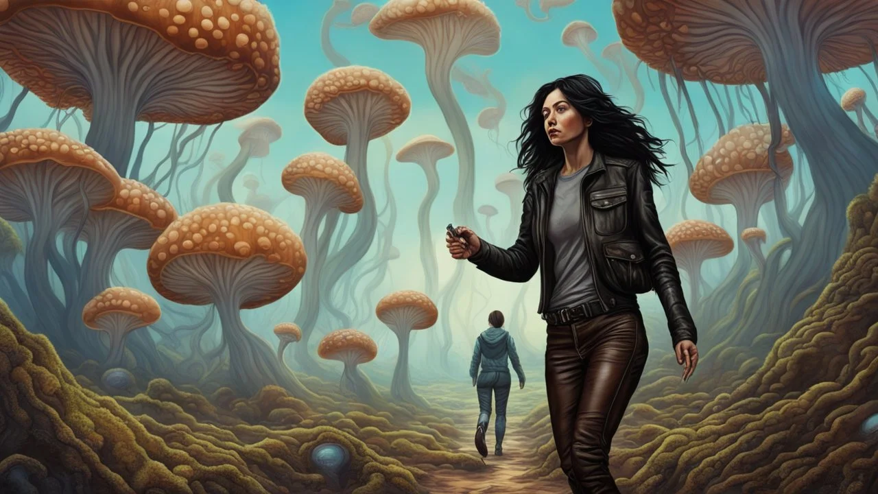 woman with black hair, in brown leather trousers and jacket, walking through Alien mushrooms with jellyfish tentacles in an alien forest, photorealistic, Deep Colour, Intricate Detail, sunshine, blue sky