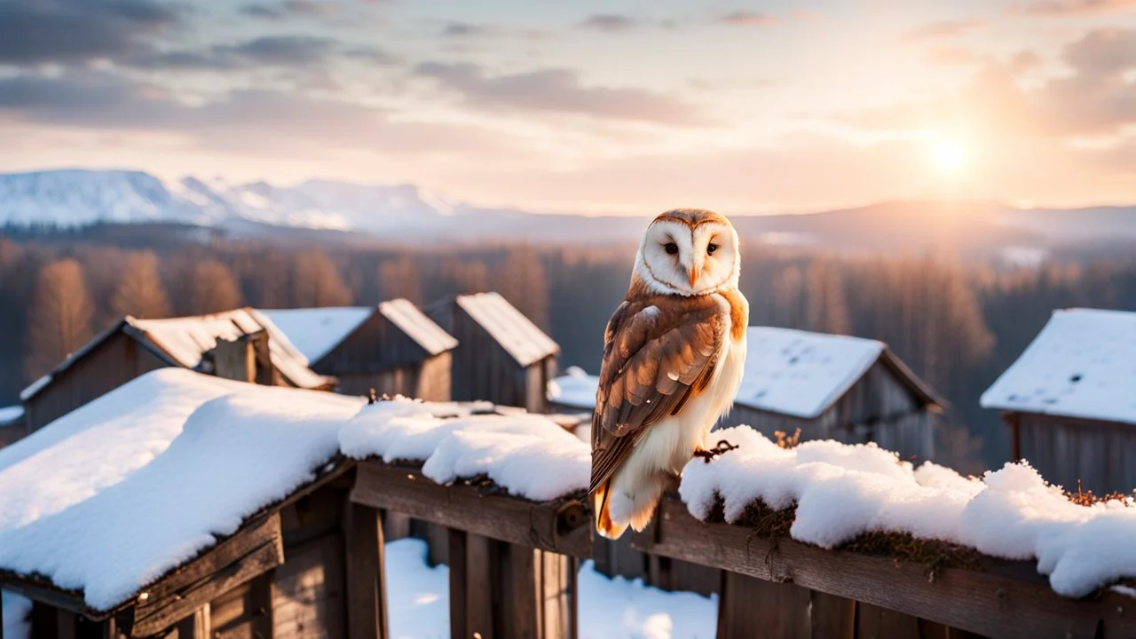 a barn owl sitting an old ruined rooftop and looking to te camera, over a winter landscacpe with european forest , snowy landscape, little light, sunrise, one old poor ruined small villager hut from above, high detailed, sharp focuses, photorealistic, perspective, cinematic