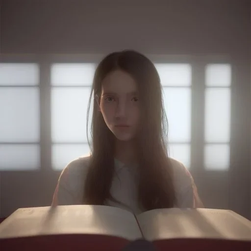 Study girl in university by read a room, on book, movie, real photo realistic, unreal engine, cinematic lighting --ar 1:1 creative