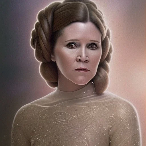 hyperspace background, complete and photo realistic detailed head to waist stunning photo realistic portrait of carrie fisher as Princess Leia in star wars with photo realistic updo hair by Mandy Jurgens and mucha and Richard Schmid and chuck close and chie yoshii, extraordinary and detailed ceremony dress of star wars,brown eyes