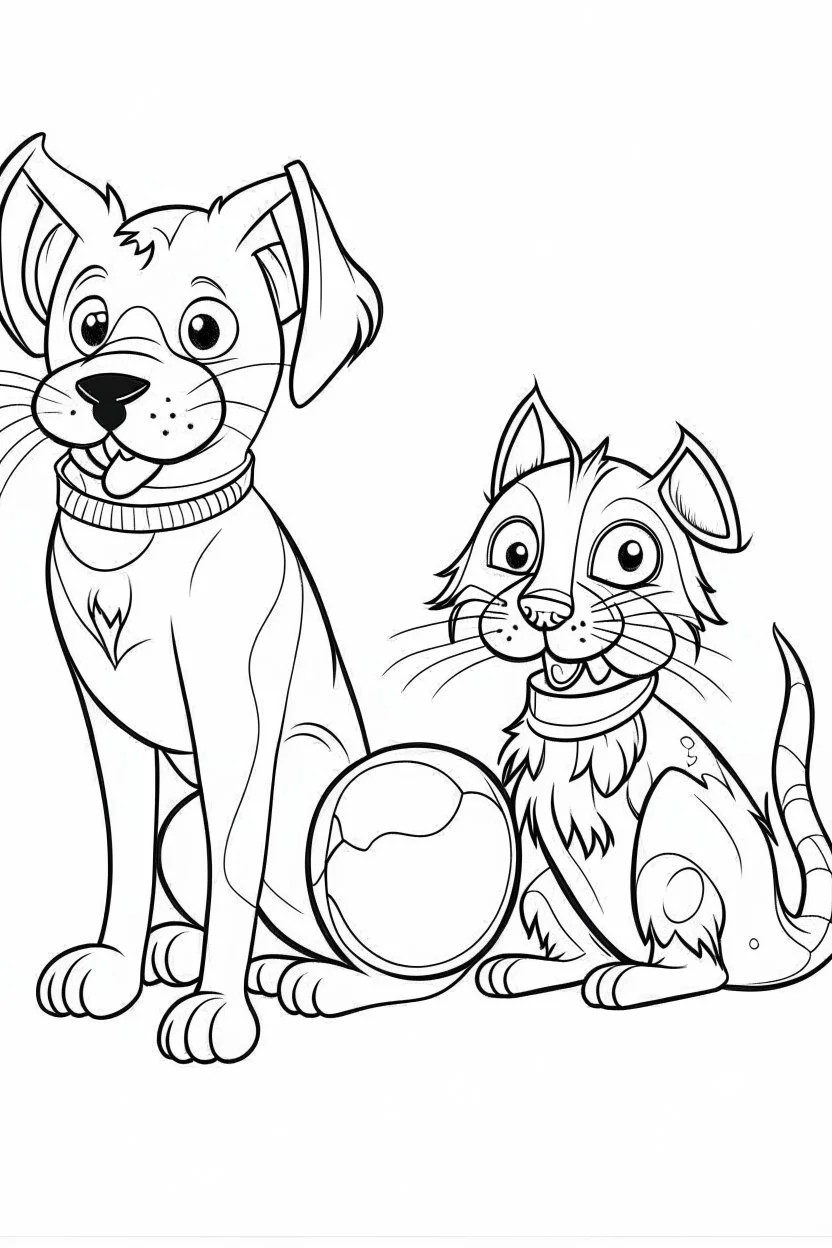 a dog with a ball on it's mouth with a cat beside it. kids coloring book. no color. thin crisp lines