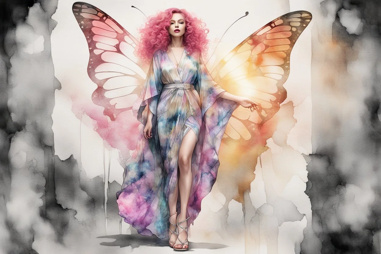 A beautiful woman with knee-length curly pink hair, wearing a butterfly-sleeved ankle-length tie-dye kaftan and silver high-heeled sandals, double exposure, merged layers, watercolor and black ink outlines, soft, shading strokes, cracked marble holographic background, the cracks are golden S<AI in sunshine