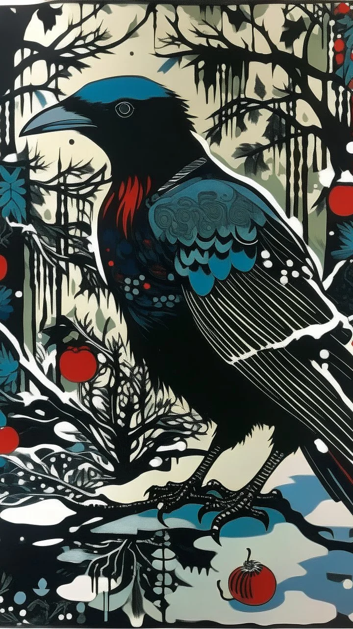 A contemporary serigraphy by Matisse and Kunisada of a raven with a human body adorned in a punk leather jacket within a snowy Christmas atmosphere.