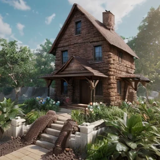 House waterfall made of chocolate is flowing, unreal engine