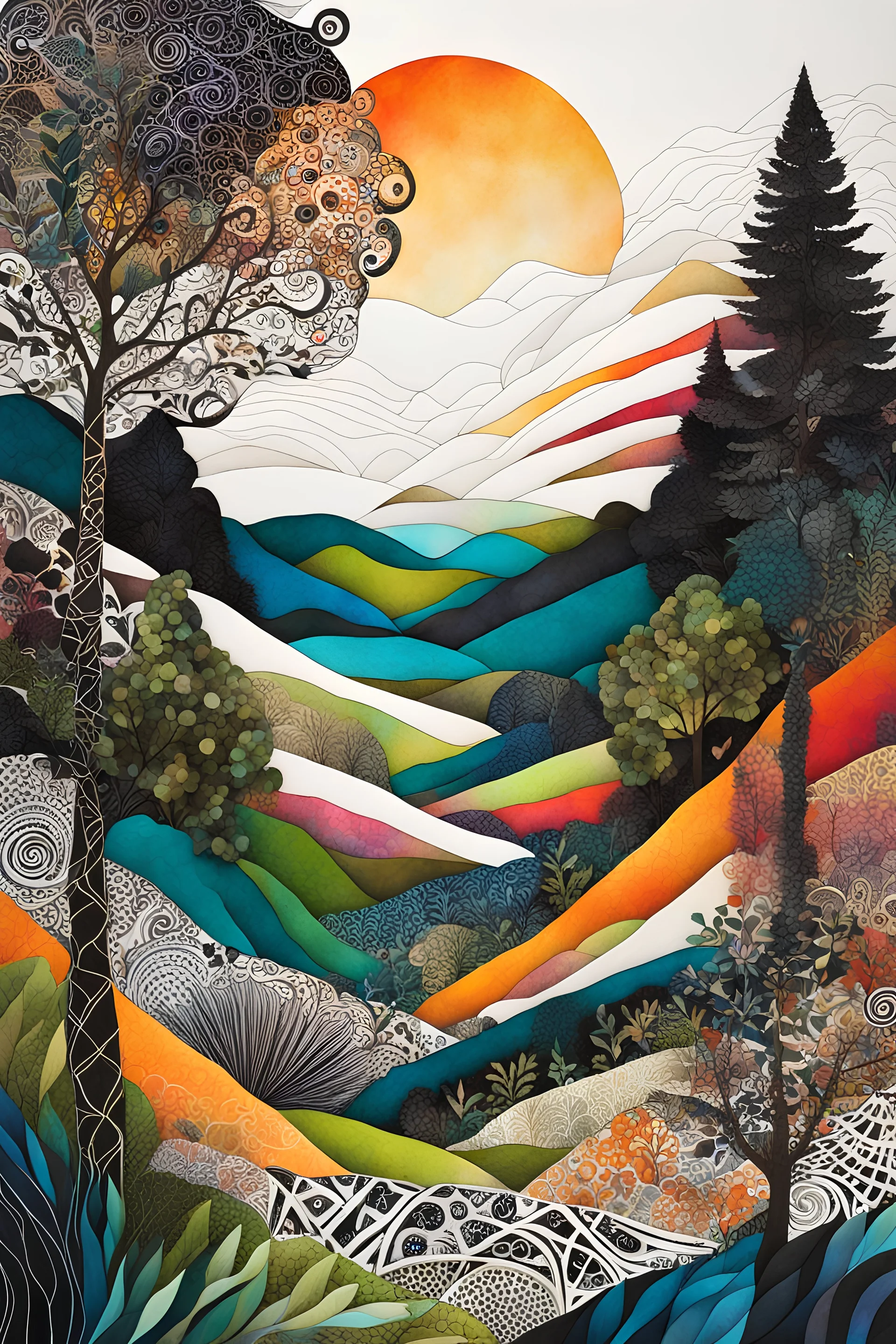 abstract paper collage overlayed with Zentangle patterns that depict the vastly diverse landscape of Nature, highly detailed, vibrant natural color, with bold ink outlining