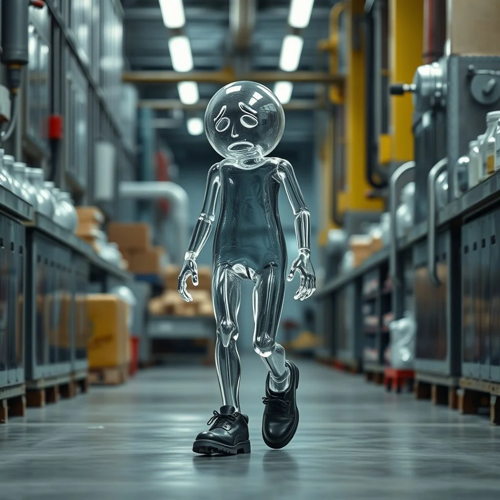 an very sad transparent glas man with legs and shoes, walking in a factory, nobody cares about the empty glas, that is why he is so sad :( , he had worked 30 years in the factory and never had a salary increase, tears in his eyes