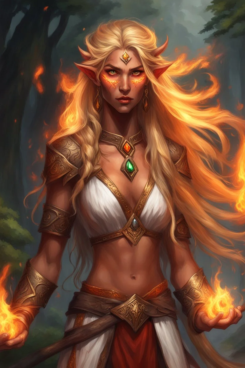 Female eladrin druid with fire abilities. Fire textured long golden hair. Tanned skin. fire red eyes. Has one big scar on the face and over the chest.