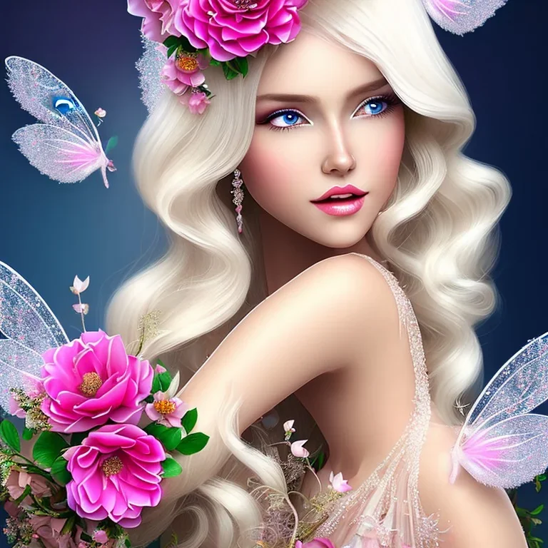 fantasy fairy with transparent wings, smiling, make up, long platinum blond hair with crown and flowers, pink dress