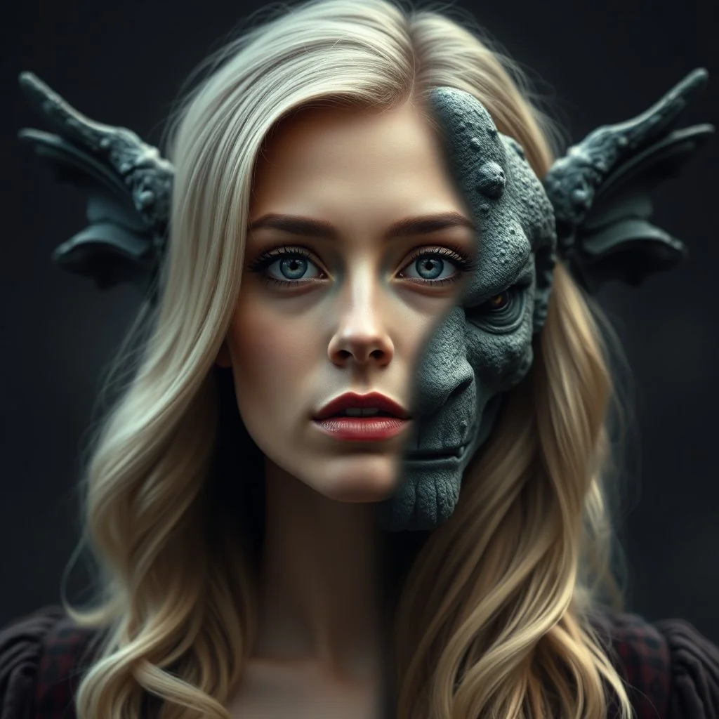 a portrait of a person. One half of their face is an attractive blonde woman in the day, the other a gargoyle statue at night