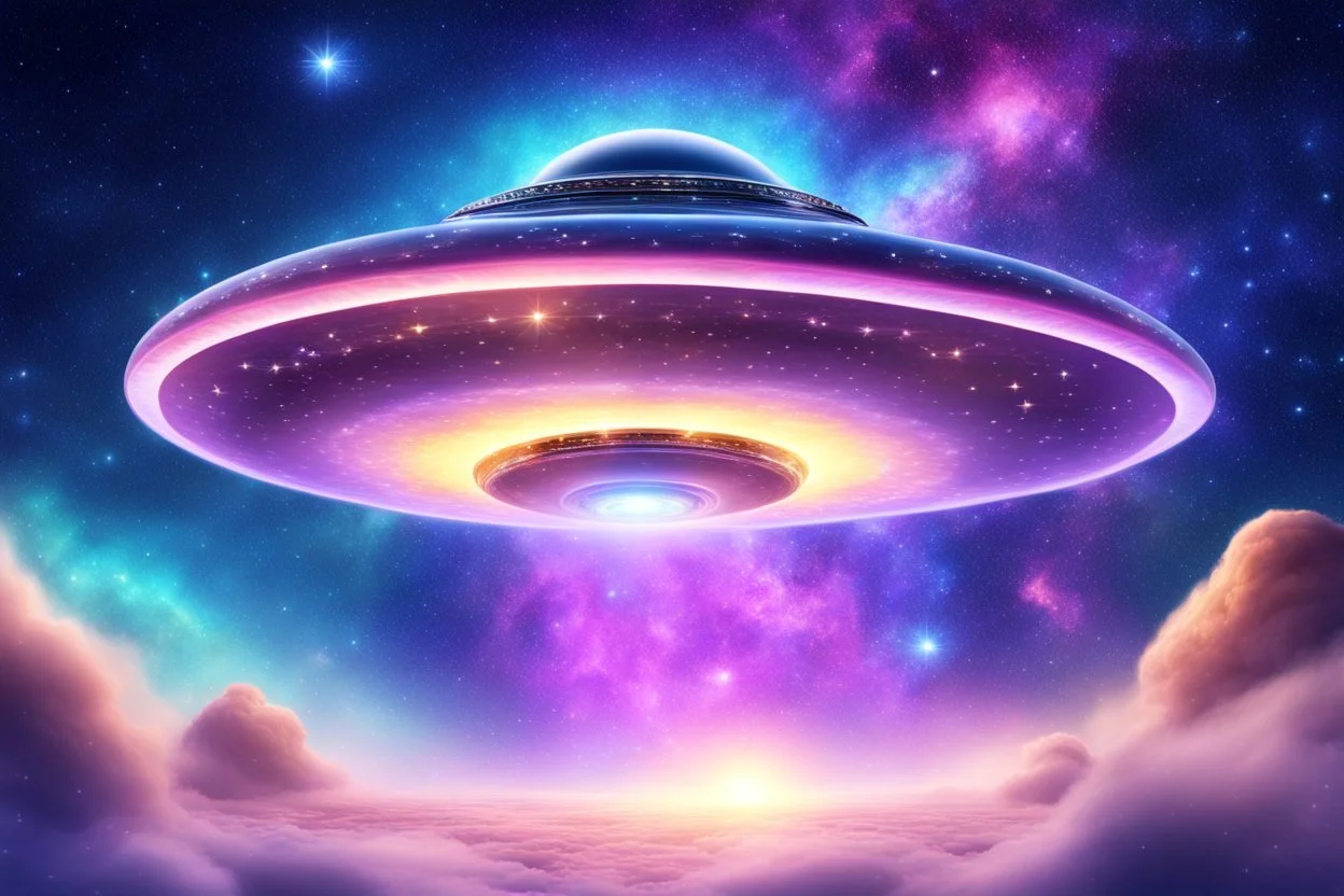 A beauty magic cosmic Flying saucer made of night light..the background Is a magic coloured bright galaxy, with a stars. It Is so fine gentle and with grace and behind It there are Many more but smaller