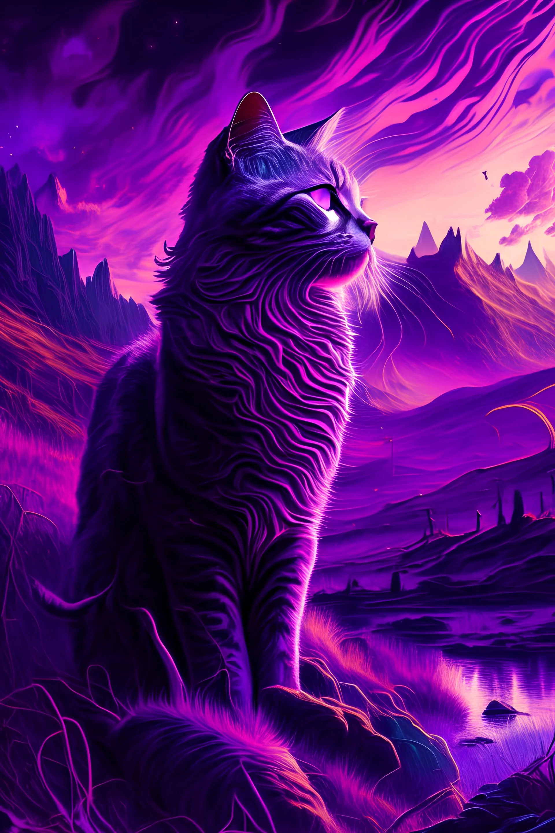 majestic cat, psychedelic, violet tones, fantasy landscape