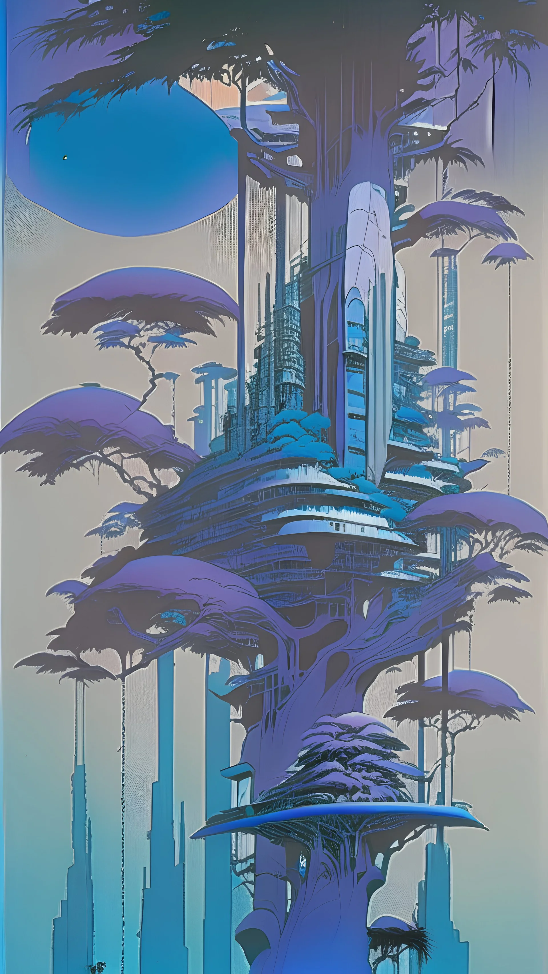 A surreal futuristic stylish modern city in amazon, on Epic tree, treehouse, art by Roger Dean and Lee Madgwick , vector illustration, high level of details, in the style of traditional Japanese ink painting (sumi-e), minimalist composition, elegant brushstrokes, subtle tonal variations, 11K resolution, evoking a sense of harmony and bala, blue and purple tetradic palette