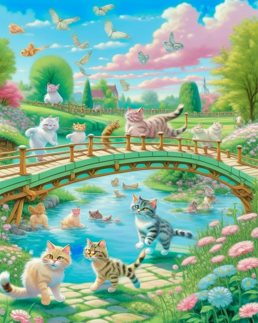 in the center: beautiful chunky cats dancing on a bridge , background: landscape, first plan: pink flowers and a small river with blue water, sky: white clouds with more cats sitting on them