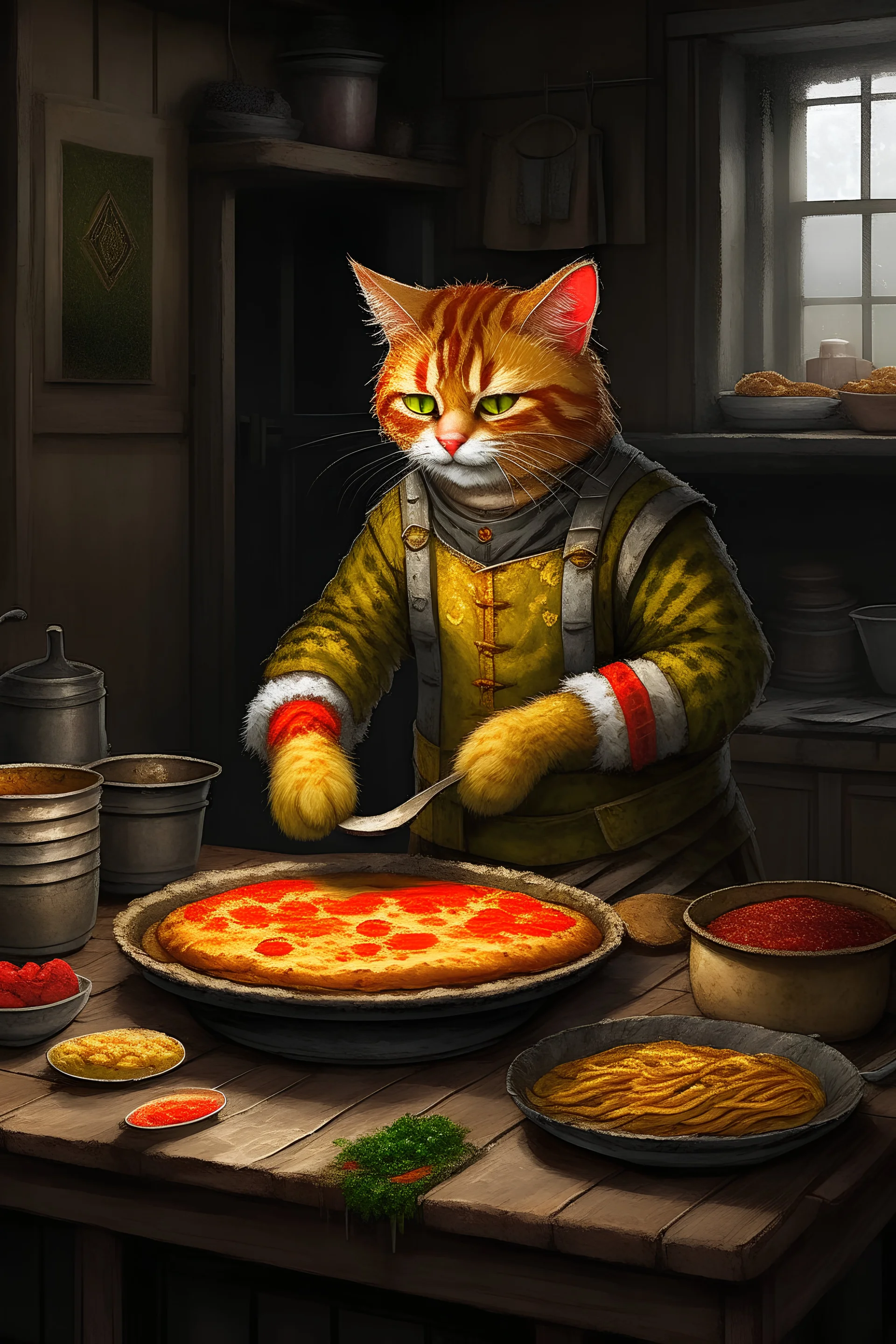 Garfield making lasagna, gothic painting style, resident evil death stranding