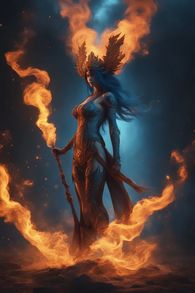 The female Shadow of Death using the staff of destruction. blue fire and orange smoke. fantasy art, Cinematic lighting, Volumetric lighting, Epic color composition, the naked truth, octane render