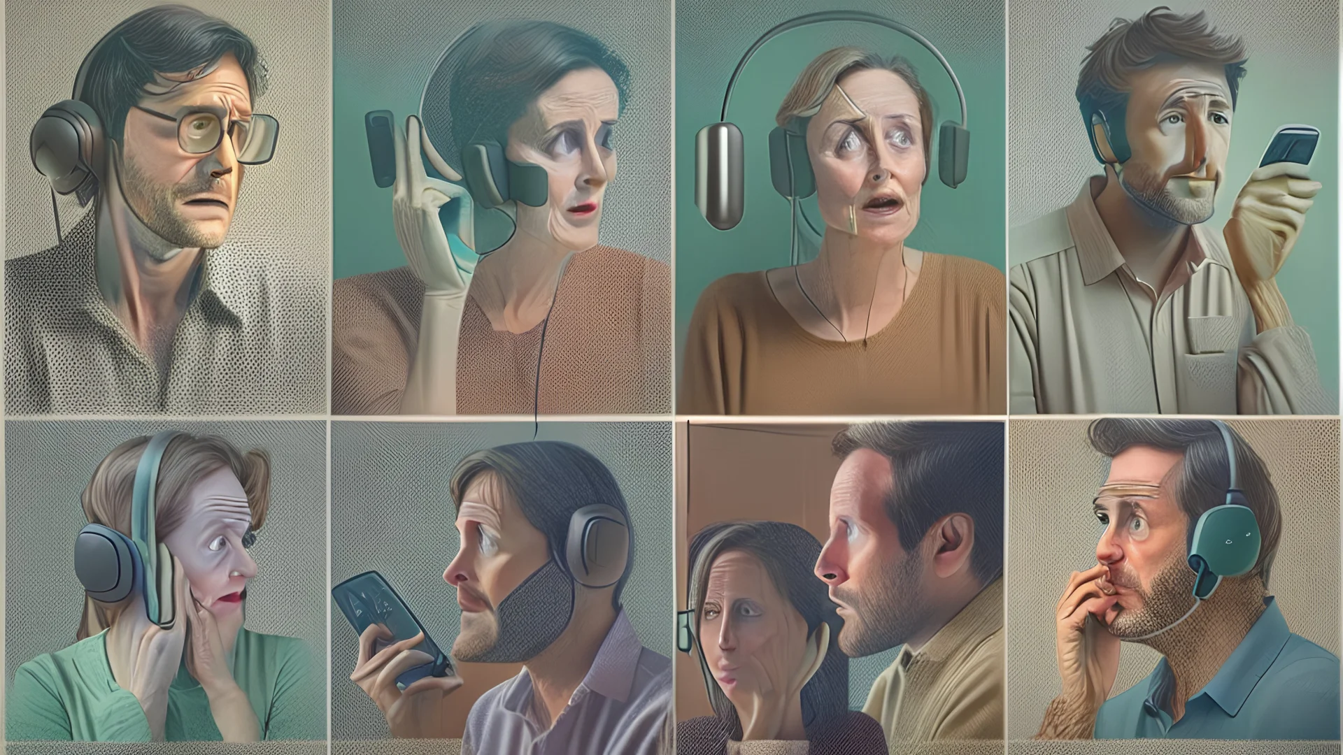 8 panels showing 8 different 30 year old men and women talking on the phone