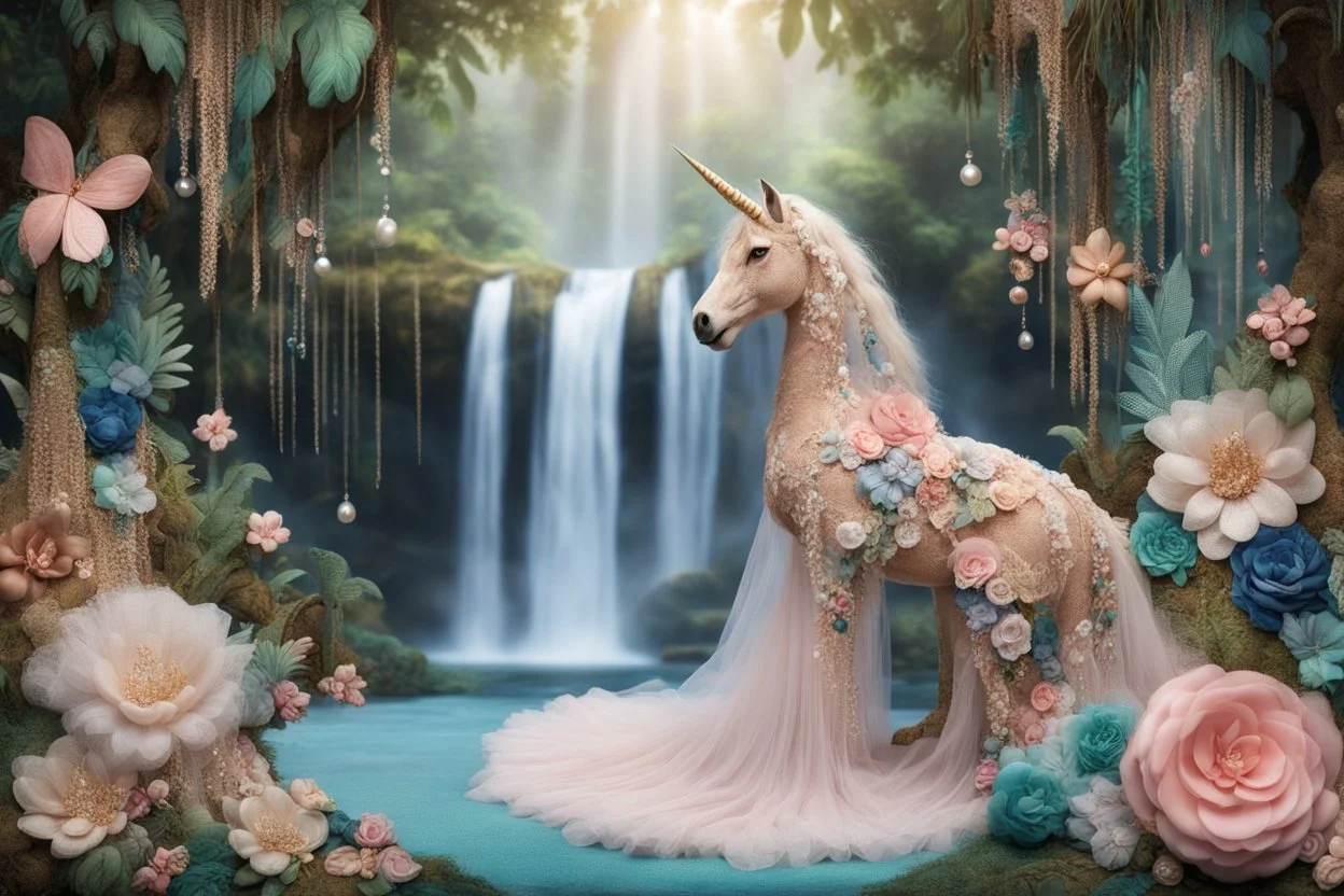 A beautiful fairytale magical composition of a rainforest with a waterfall, a masterpiece, patchwork-like, made of different materials: tulle embroidered with precious stones, lace and real pearls, silk, velvet, burlap, faux fur with leopard print. Unicorn, flowers