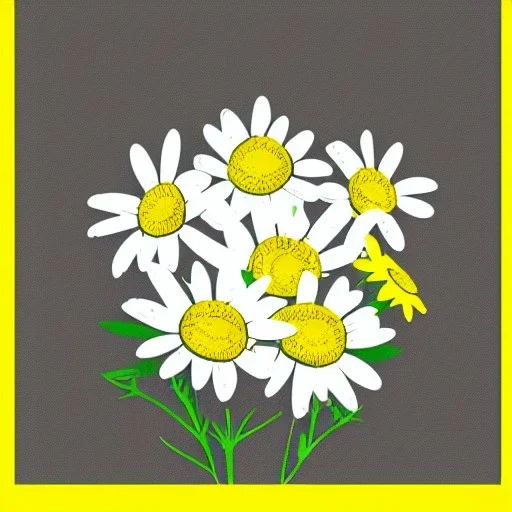 illustration of a bouquet of white daisies, digital illustration, thin black lineart, vector art, photoshop, plain yellow background, minimalist art