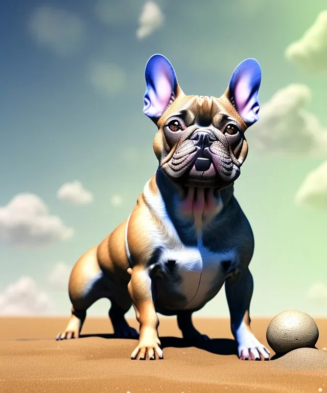 HD, high details, dramatic, detailed illustration of a french bulldog muscles standing on the sand, french bulldog wallpaper, detailed illustration of a french bulldog standing on the sand, french bulldog wallpaper, luminous body, sparkling body, full body, symmetrical body, realistic, clear focus, carefully detailed, soft evening sky, muscular body, hulk body, a lot of muscles on the body, realistic body, beautiful dog, super french bulldog