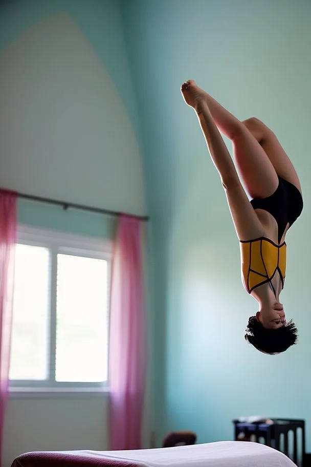 beautiful teen doing gymnastics in her room. bikini.