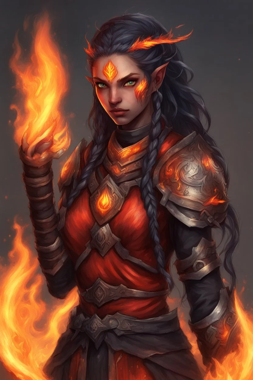 Paladin druid female made from fire . Hair is long and bright black some braids and it is on fire. Eyes are noticeably red color, fire reflects. Make fire with hands . Has a big scar over whole face. Skin color is dark