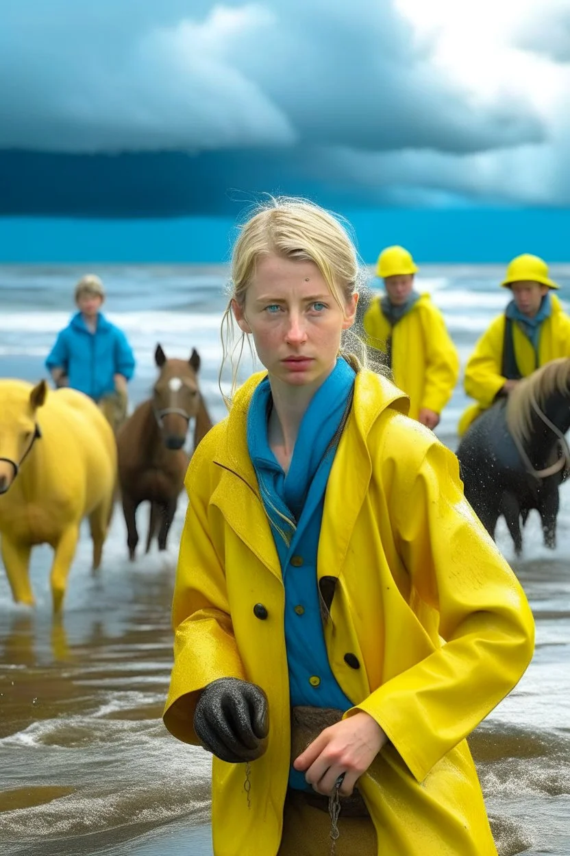 A 23-year-old woman with blond/ brown hair and bright blue eyes stands in the sea, she has a messy bun. dressed in a yellow fisherman's jacket ag. She holds an umbrella, but it offers no protection from the pouring rain. Around her, heavy horses are moving. The rain is pouring heavily.!! She is standing in the middle of the sea. it's not a close up, she is very smell because of the big sea You can see here completely. middle of the sea, green pants, bolder, green