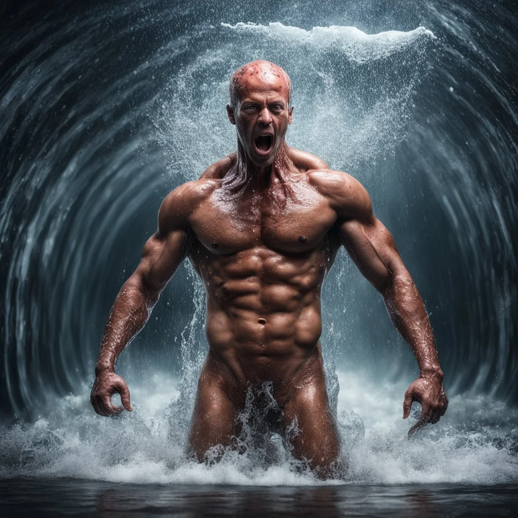 Hyper Realistic Shirtless Muscular Octopus Head Man standing in a water flood tunnel with big wave splashes at rainy night