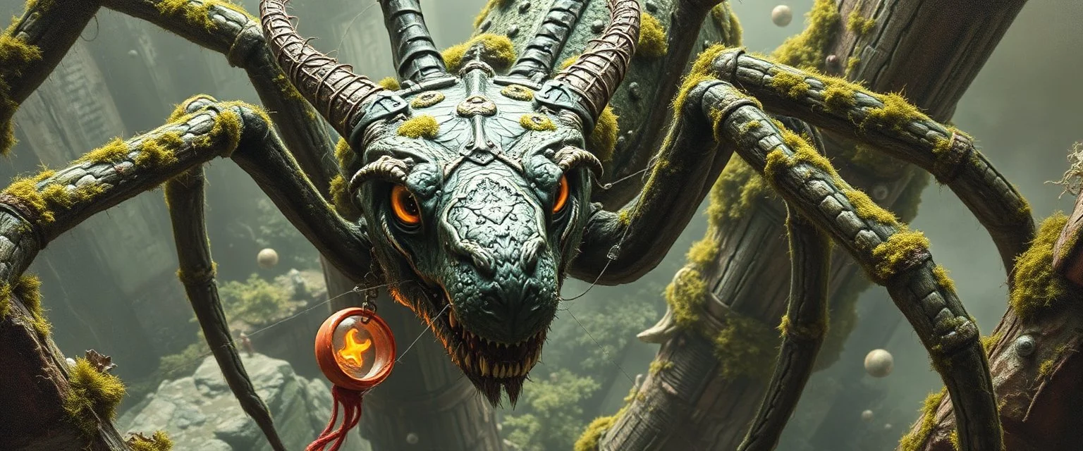 the weird face of a cyberpunk dragon spider man with charm in web from mossy tower, master oil painting by Rembrandt and Escher, moss covered space station, brightened edges to give a sense of depth