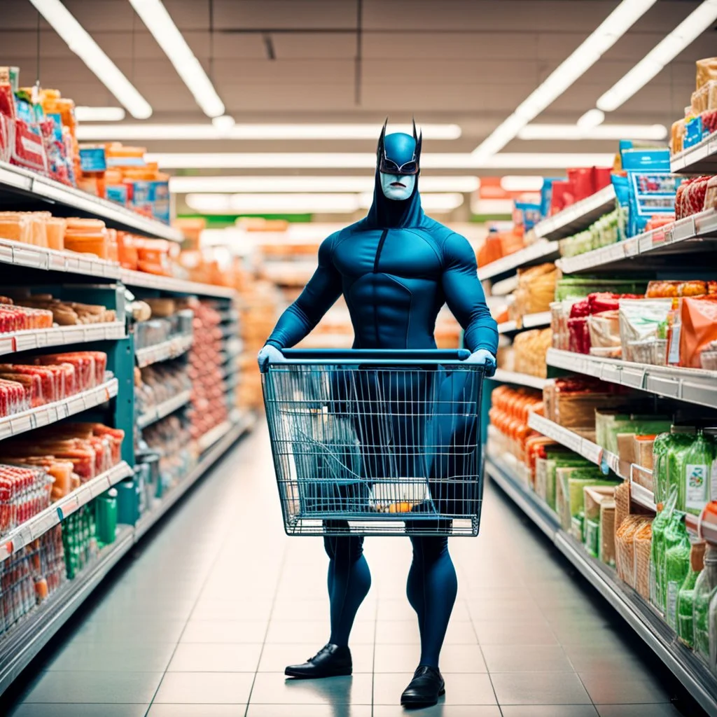 A supervillain with a shopping cart is shopping in a supermarket.