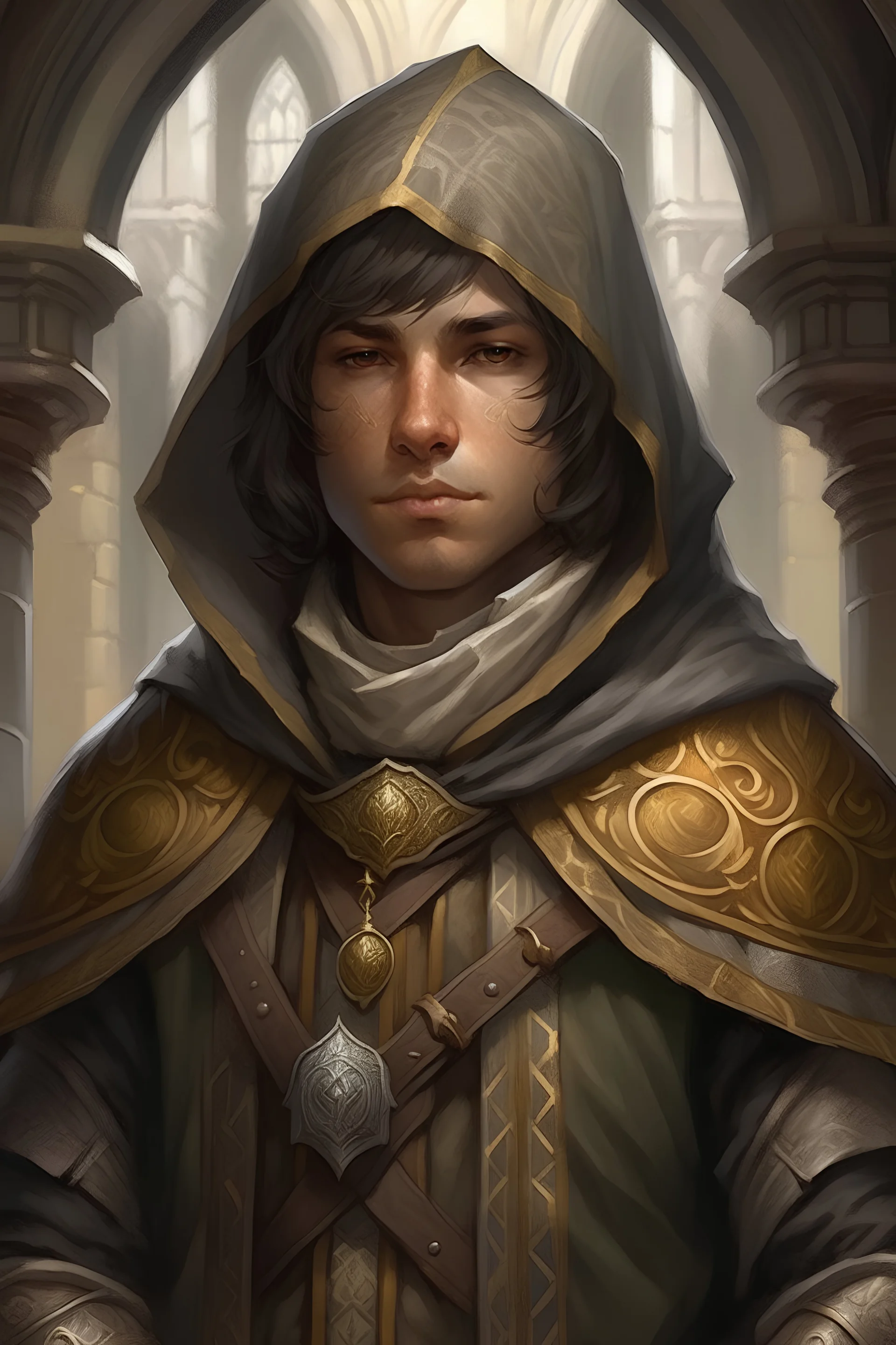 portrait of a youngman kind, cleric of lathander,with armor and a hood, temple in the background, in baldur's gate style