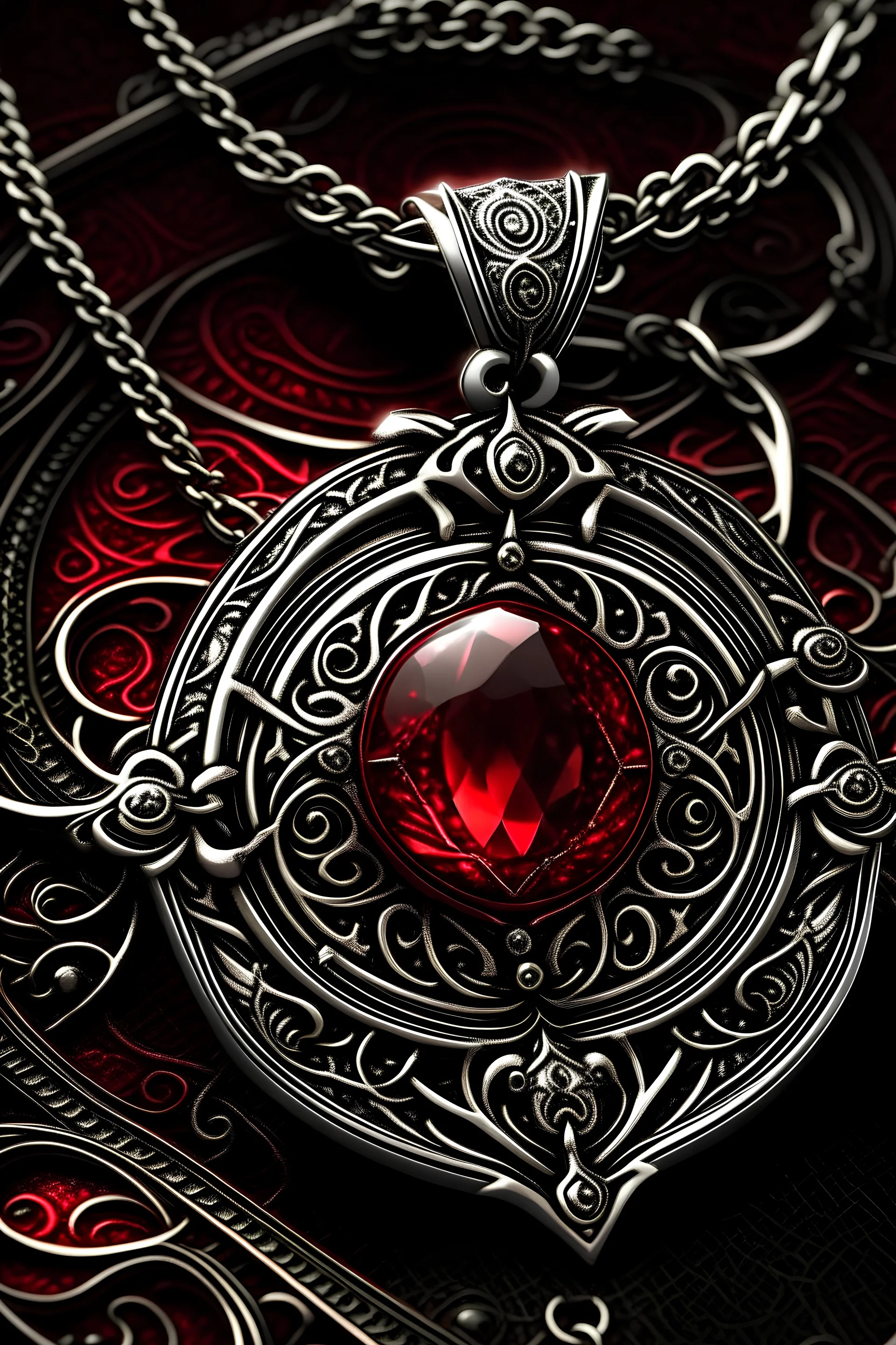 Create a detailed and enchanting illustration of the "Crimson Sanctifier Amulet." The amulet features a deep crimson gemstone that pulsates with divine energy. Show the amulet being worn around the neck, with the gemstone glowing and radiating a soft, ethereal light. Capture the synergy of both barbaric and divine elements in the design, and highlight the intricate details of the amulet's craftsmanship.
