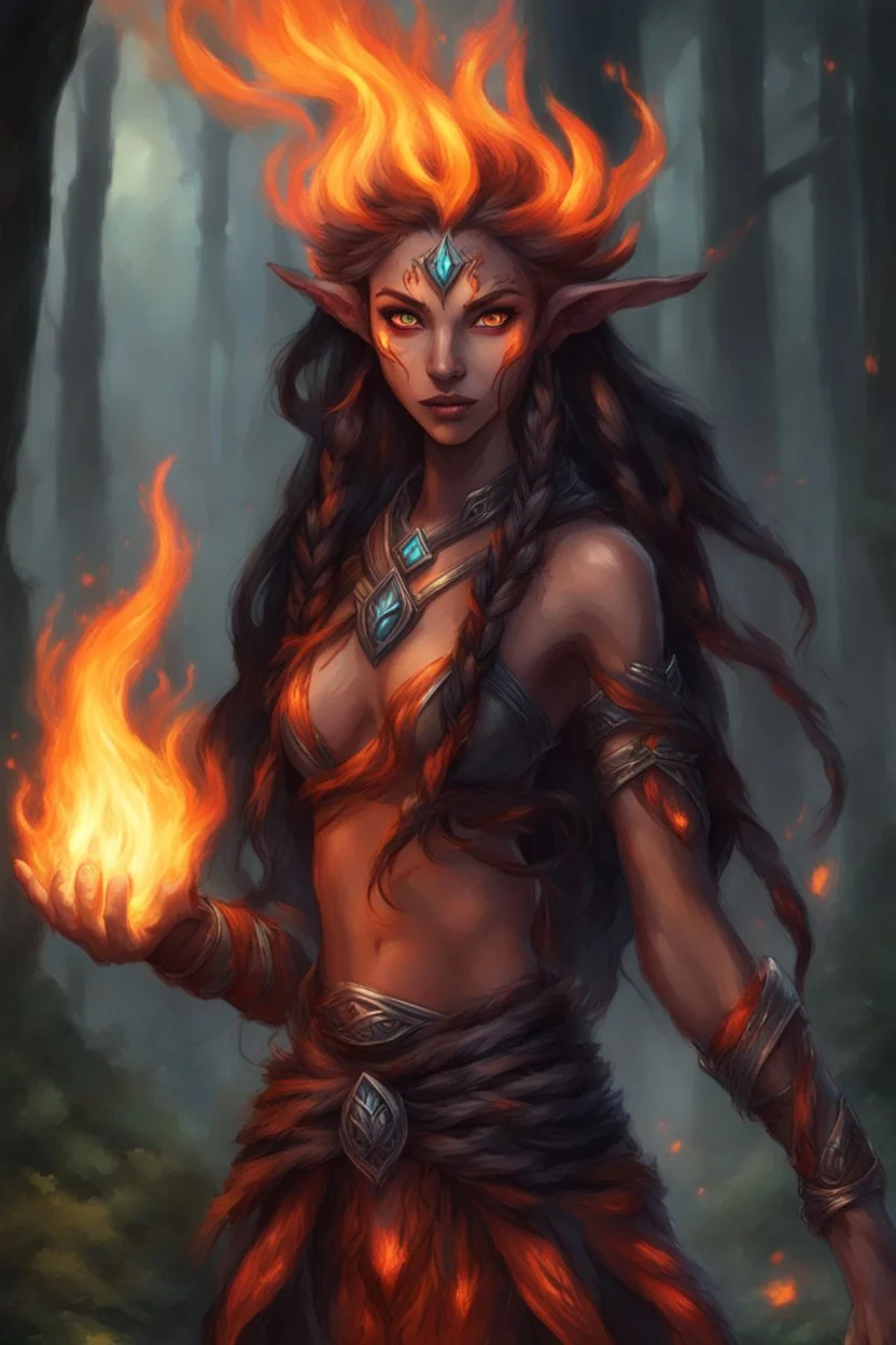 Fire Eladrin druid female. Hair is long and bright black part glows. Part of hair is braided and fire comes out from it. Big bright red eyes. Is generating fire with her hands . Skin color is dark. Has a big deep scar on face. Is making fire from hands