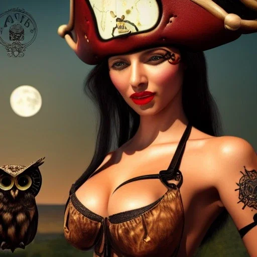 hyper realistic, beautiful spanish girl, short black air, green eyes, with owl tatoo, dressed a steampunk pirate, bra with carved leather, Pirate ships in background. salvador dalì style. high details, full moon. 4k, unreal engine