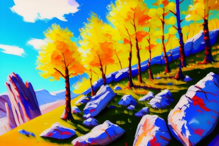 Sunny day, trees and rocks impressionism painting