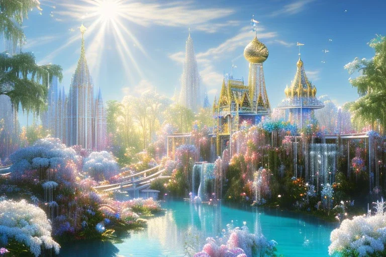  white and gold crystal PALACE，waterfall, BLUE LAKE, SWANN,flowers, flower trees, sky pink blue, full of details, smooth, bright sunshine，soft light atmosphere, light effect，vaporwave colorful, concept art, smooth, extremely sharp detail, finely tuned detail, ultra high definition, 8 k, unreal engine 5, ultra sharp focus