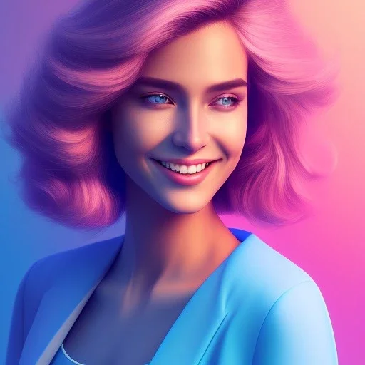 A portrait very beautiful woman ,smiling, longs hairs, atmospheric, realistic, cinematic lighting, pink blue light, 8k, galactic atmosphere, flowers