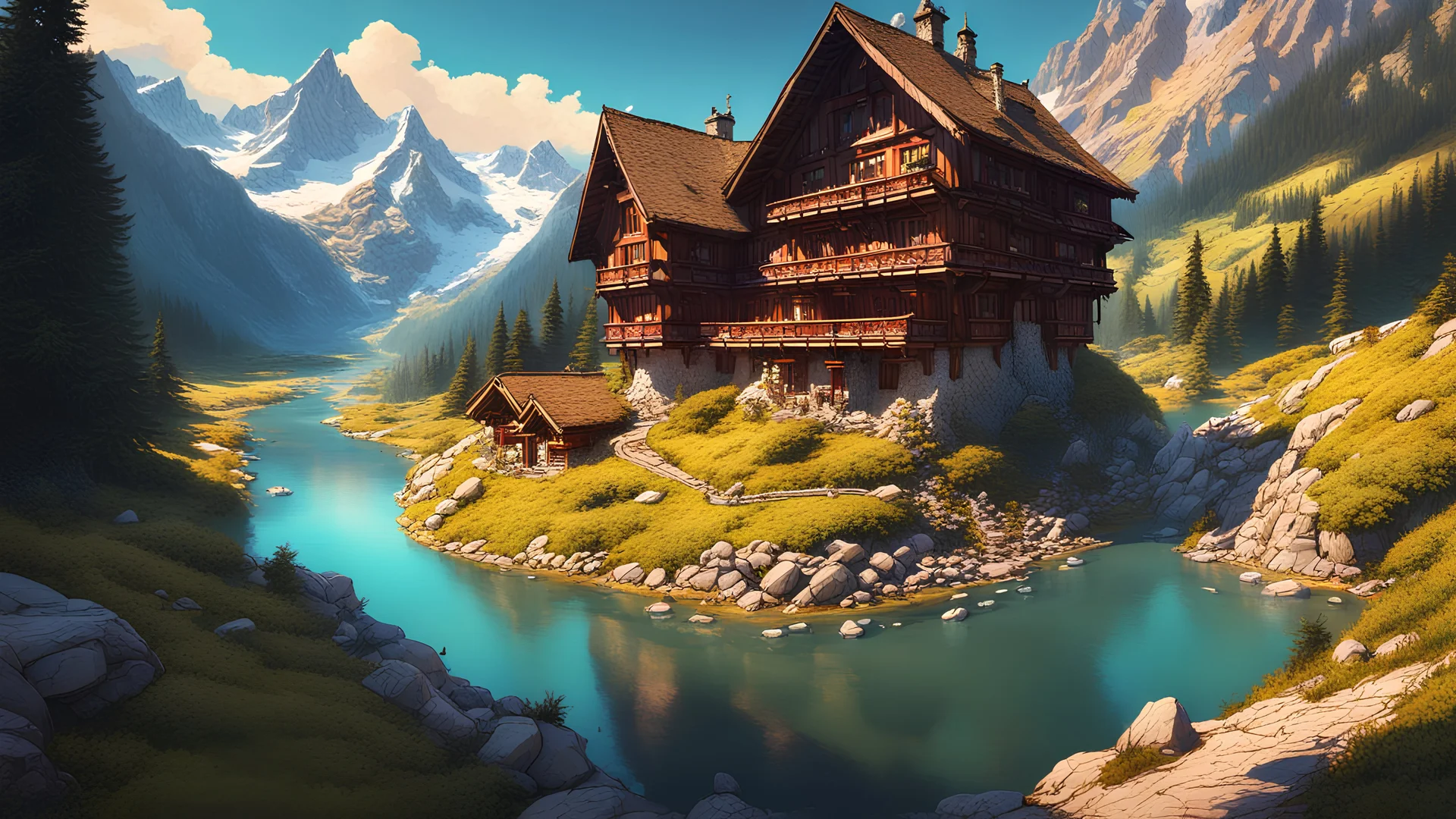 "An epic realistic stunning swiss alps mountain landscape crossed by a river valley !!!", hyperdetailed digital illustration by Yoshitaka Amano, Ismail Inceoglu, Hayao Miyazaki, Erin Hanson, and Gazelli, a masterpiece, bird's-eye perspective, 8k resolution, trending on artstation, photorealism, Vibrant Colours, Ray Tracing Reflections