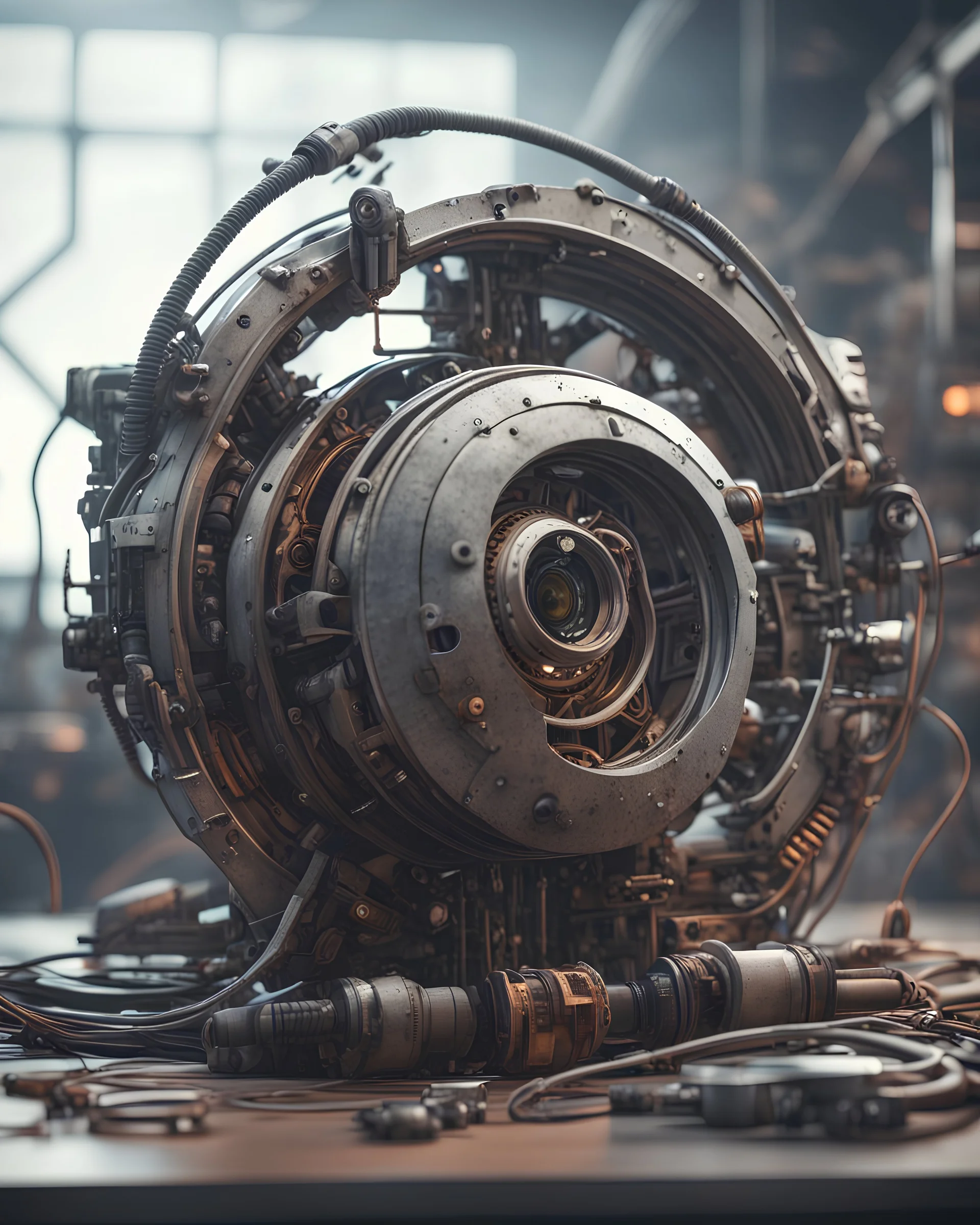 Futuristic gadget LOGO made with engine parts and wires dysoptia cyberage HAWKEN postapocalyptic dysoptia scene photorealistic uhd 8k VRAY highly detailed HDR