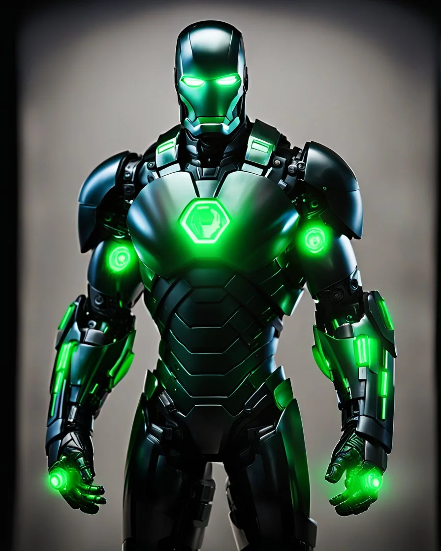 Super IRONMAN armor, kryptonite powered, black armor, black chrome, green lights, built by wayne enterprises, designed by stark industrieshttps://stablecog.com/generate?o=37b70ee1-cbf6-4de2-8ffe-0e02f33ce34f photorealistic, military display, weapons test,