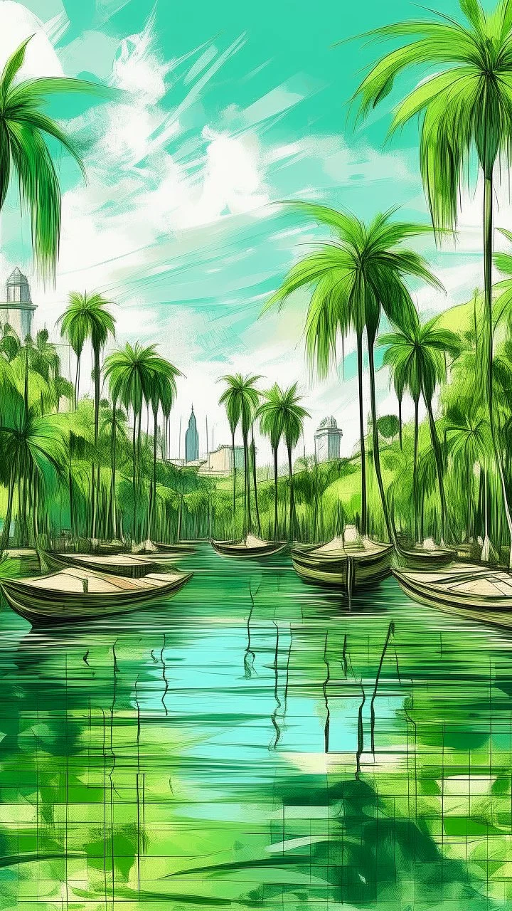 Bosch paint style nightmare, a city with green date palms trees and river and boats